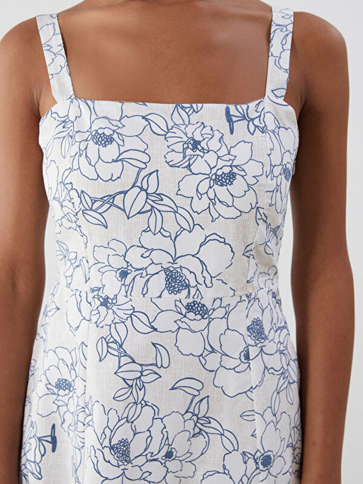 Kare Yaka ?i?ekli Ask?l? Mini Elbise