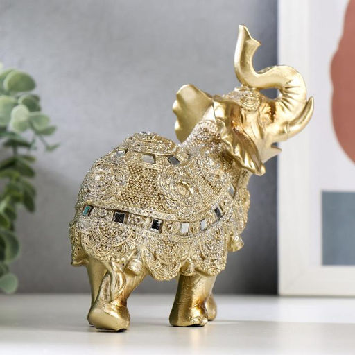 Фигурка полистоун «Золотой слон с попоной из бисера с колокольчиками», 15×14.5×7.7 см, МИКС