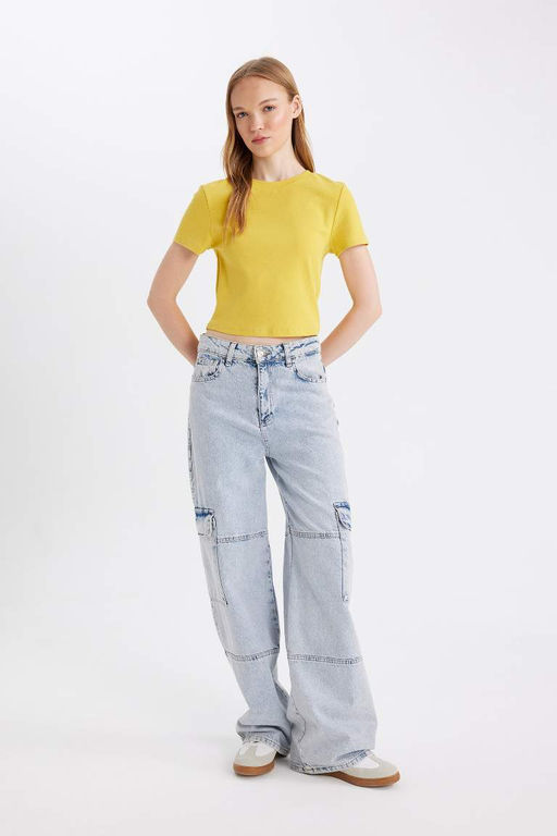 Классная базовая футболка в рубчик с круглым вырезом и короткими рукавами - Defacto фото 2