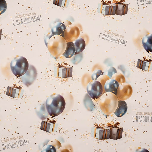 Цена за 2 шт. Бумага упаковочная, глянцевая «С днем рождения», подарки с шариками, 70×100 см, 1 лист