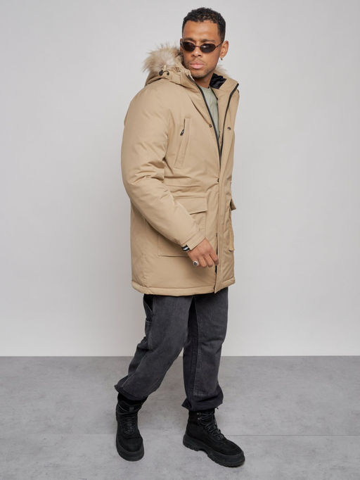 Парка мужская зимняя удлиненная с мехом бежевого цвета 8318B - Wonderrman фото 11