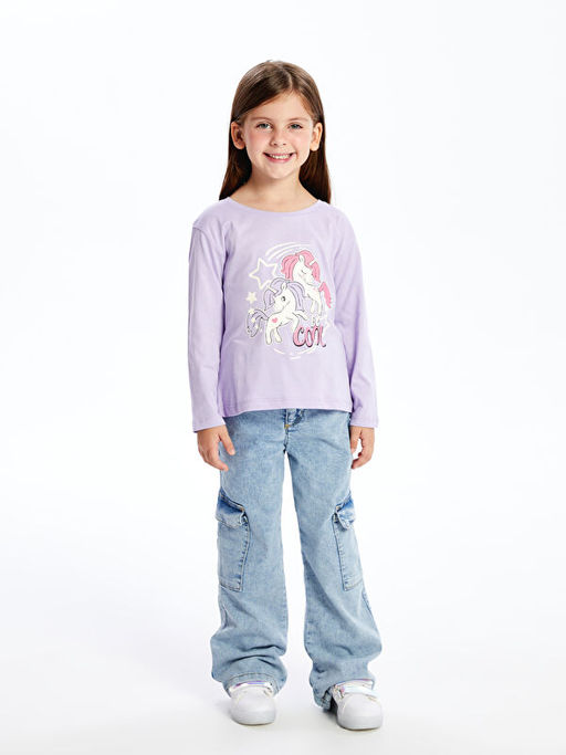 Bisiklet Yaka Uzun Kollu Bask?l? K?z ?ocuk Ti??rt