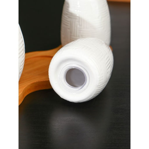 Набор фарфоровый для специй на бамбуковой подставке BellaTenero, 3 предмета: солонка 70 мл, перечница 70 мл, сахарница с ложкой 260 мл, белый