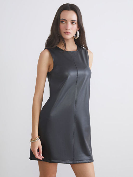 Bisiklet Yaka Deri G?r?n?ml? Mini Elbise