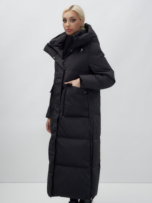 Пальто утепленное стеганное зимнее с капюшоном женское черного цвета 9602Ch - Mtforce фото 13