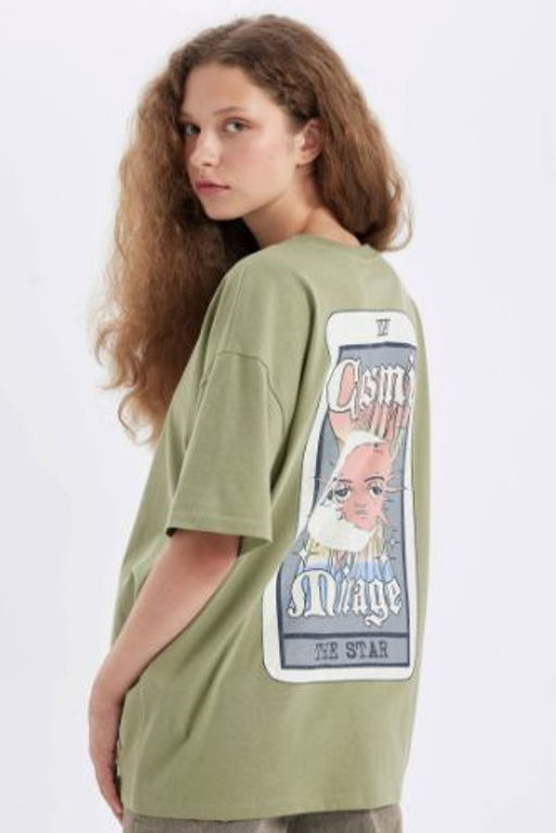 Oversize Genis Kal?p Bisiklet Yaka S?rt Bask?l? K?sa Kollu Tisort