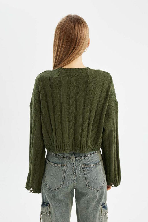 Женский плетеный трикотажный свитер обычного кроя с круглым вырезом и волосами - Defacto фото 5