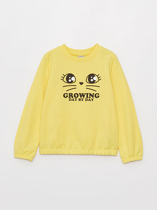 Bisiklet Yaka Bask?l? Uzun Kollu K?z ?ocuk Sweatshirt