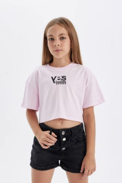 K?z Cocuk Crop Bisiklet Yaka Bask?l? K?sa Kollu Tisort