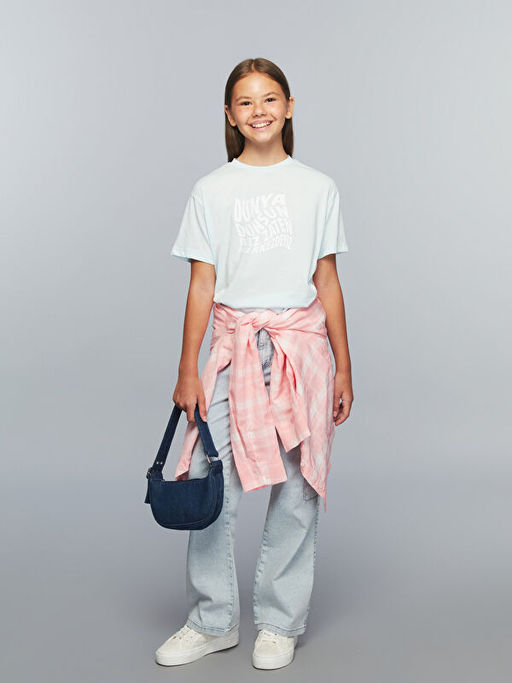 Bisiklet Yaka Slogan Bask?l? K?z ?ocuk Ti??rt