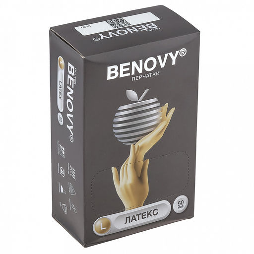 Перчатки медицинские смотровые латексные неопудренные нестерильные одноразовые "Benovy" L, текстурированные, эластичные, внутреннее покрытие одинарная хлоринация, устойчивые к разрывам, водонепроницаемые, желтый, ГОСТ 52239-2004 (Таиланд) В наборе 50