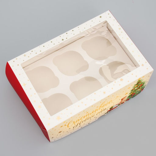 Цена за 5 шт. Коробка складная на 6 капкейков с окном «Счастливого Нового года», 25×17×10 см