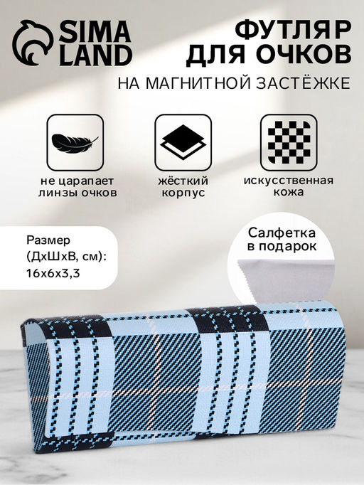 Футляр для очков на магните, в клетку, размер 16×6×3.3 см, голубой