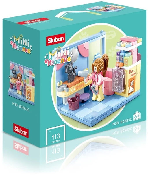 Конструктор SLUBAN 104 - 124 дет. "М-н Цветы/ М-н Сумки/ Салон Груминг/ Парикмахерская" (M38-B0883A/B/C/D) 4 вида по 8шт. в шоубоксе