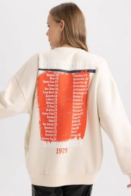 Coool AC/DC Oversize Genis Kal?p Bisiklet Yaka S?rt Bask?l? Kal?n Sweatshirt