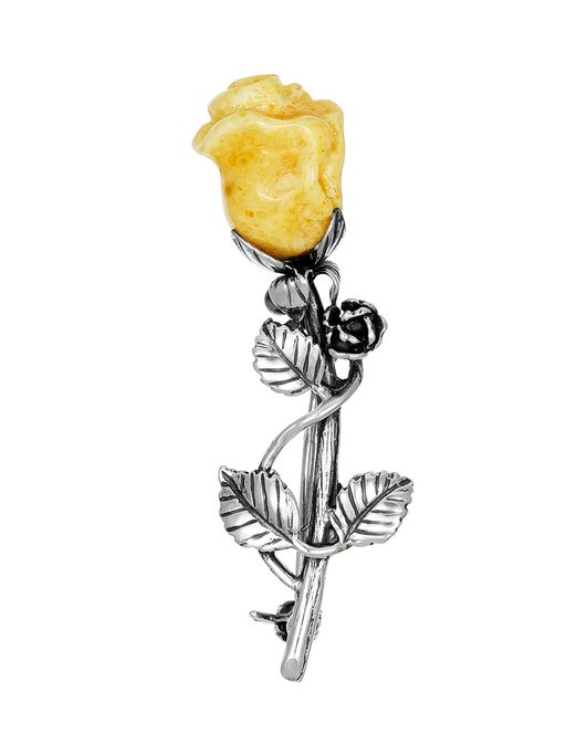 Легкая женственная брошь с натуральным медовым янтарем Роза