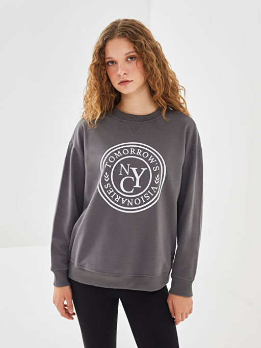 Bisiklet Yaka Bask?l? Oversize Kad?n Sweatshirt