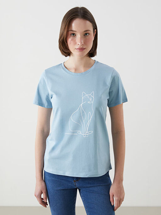 Bisiklet Yaka Bask?l? Penye Kad?n Ti??rt