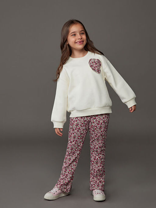 Bisiklet Yaka ?i?ekli K?z ?ocuk Sweatshirt ve Tayt Pantolon 2li