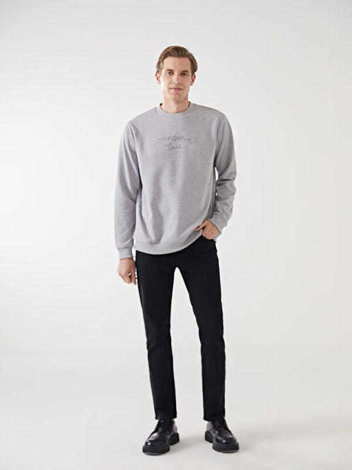 Bisiklet Yaka Uzun Kollu Bask?l? Erkek Sweatshirt