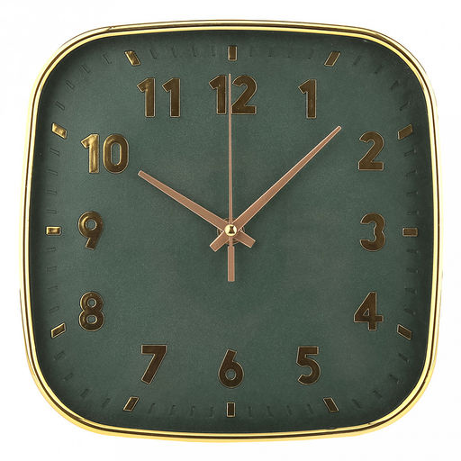 Часы настенные "Эдем" 21,3х21,3х4см, мягкий ход, циферблат зеленый; цифры арабские, золотой; корпус пластик, золотой; в коробке (Китай)