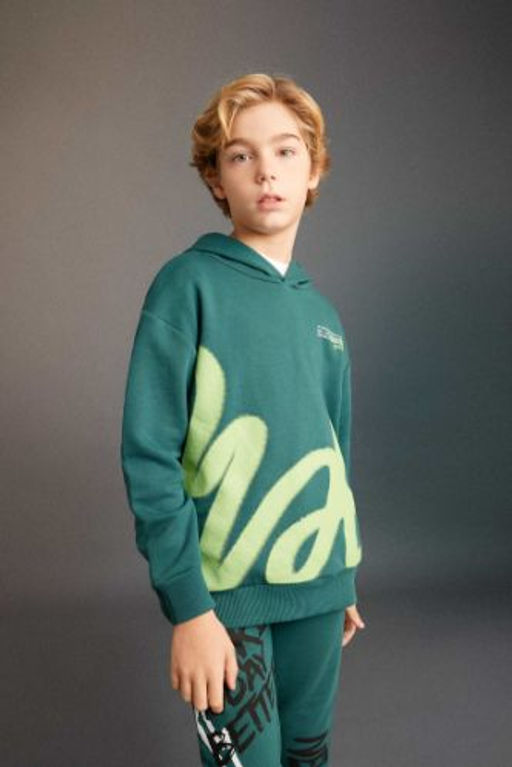 Erkek Cocuk Oversize Genis Kal?p Kapusonlu Bask?l? Sweatshirt