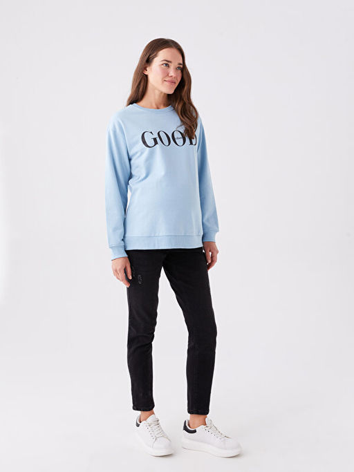 Bisiklet Yaka Bask?l? Uzun Kollu Hamile Sweatshirt