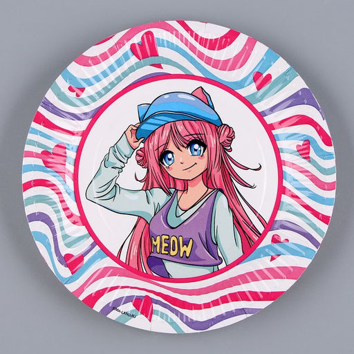 Набор бумажной посуды Аниме, фуксия: 6 тарелок, 1 гирлянда, 6 стаканов, 6 колпаков - Страна карнавалия фото 2