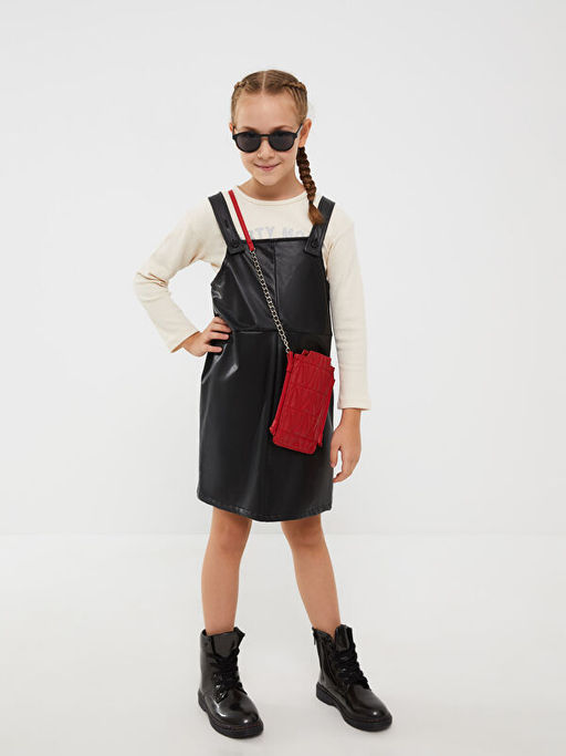 Bisiklet Yaka Bask?l? Uzun Kollu K?z ?ocuk Ti??rt ve Deri G?r?n?ml? Elbise - Waikiki фото 2