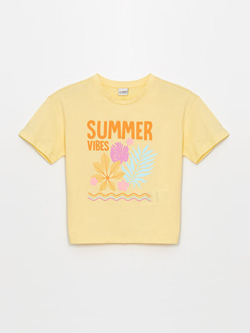 Bisiklet Yaka Bask?l? K?sa Kollu K?z ?ocuk Ti??rt ve ?ort - Waikiki фото 2