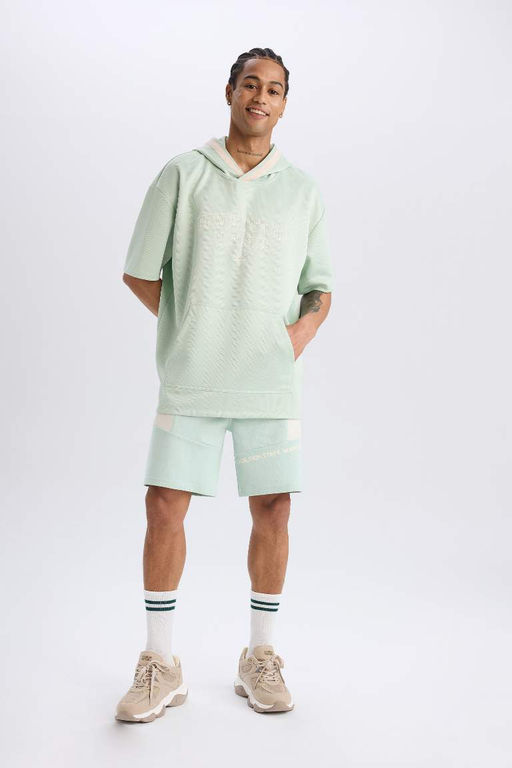 DeFactoFit NBA Golden State Warriors Oversize Genis Kal?p Kapusonlu K?sa Kollu Waffle Tisort  фото 6