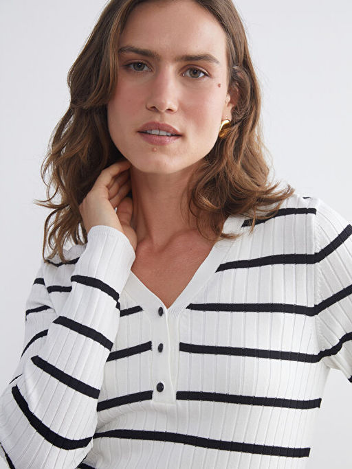 V Yaka ?izgili Kad?n Triko Kazak