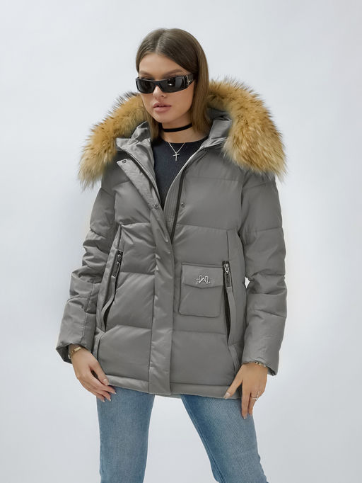 Куртка женская зимняя с мехом енот премиум класса серого цвета 3215Sr - Visdeer фото 6