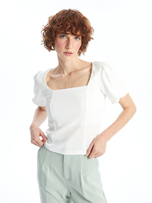 Kare Yaka D?z K?sa Kollu Crop Kad?n Bluz