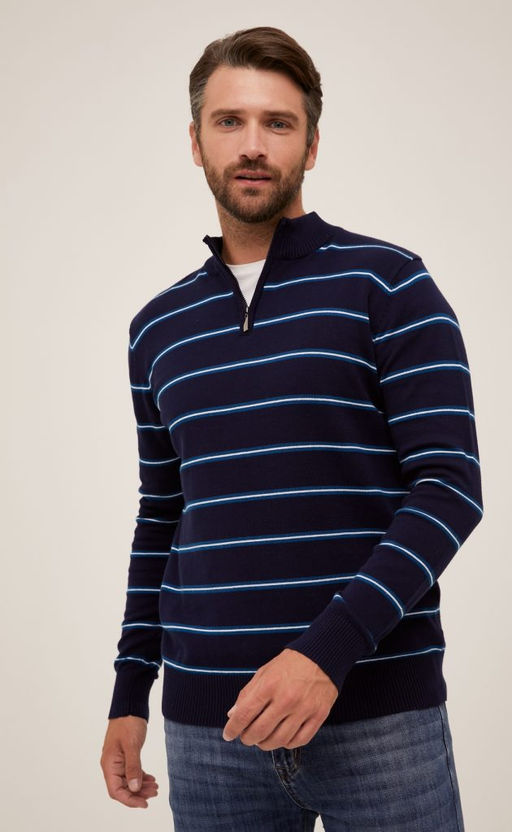 Джемпер мужской с воротником на молнии в полоску F021-15-2104 темно-синий - Fine joyce фото 4