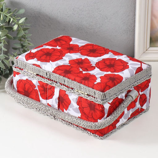 Шкатулка для рукоделия и шитья Красные маки на белом, хранение ниток, иголок, мелочи, 24?16?11 см