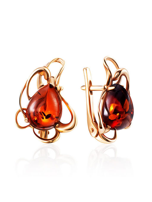 Нежные серьги Ромашка на английском замочке с янтарём коньячного цвета