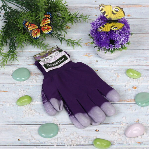 Цена за 12 шт. Перчатки нейлоновые "Аурэль" с ПВХ покрытием облив пальцев и точкой, фиолетовые 8 р-р ДоброСад