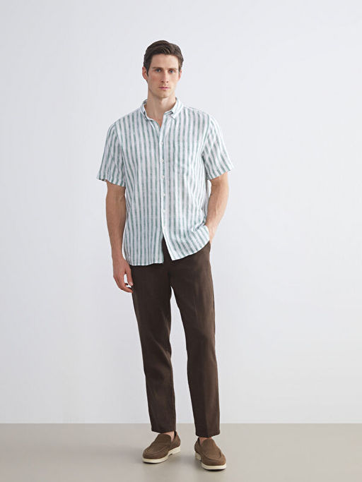 Regular Fit K?sa Kollu ?izgili Poplin Erkek G?mlek