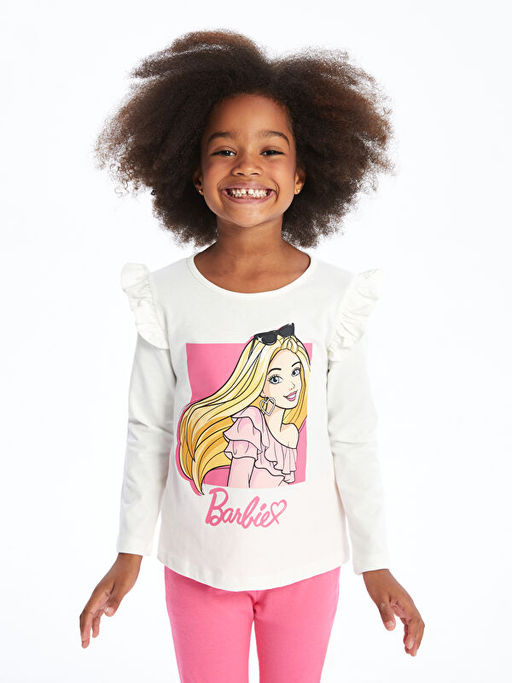 Bisiklet Yaka Barbie Bask?l? K?z ?ocuk Bluz ve Tayt 2li Tak?m