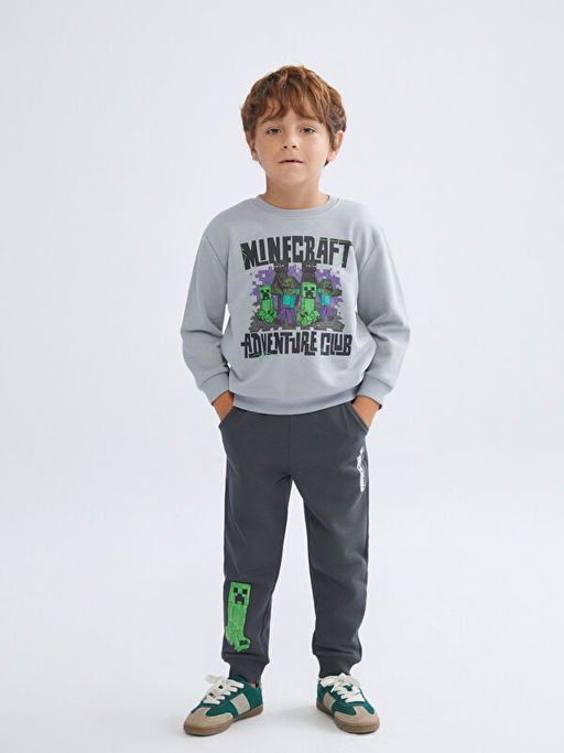 Bisiklet Yaka Minecraft Bask?l? Erkek ?ocuk Sweatshirt