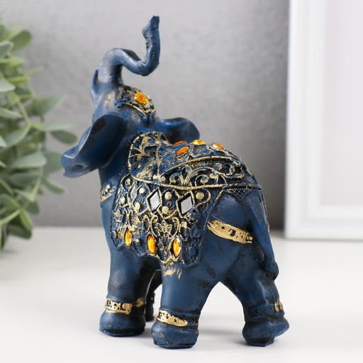 Фигурка полистоун «Синий слон в попоне с золотым узором и зеркалами», 14×7×11 см