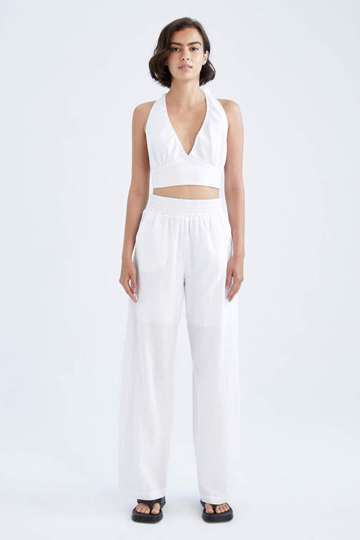 Укороченная блузка из льняной смеси приталенного воротника с бретелькой на шее - Defacto фото 5