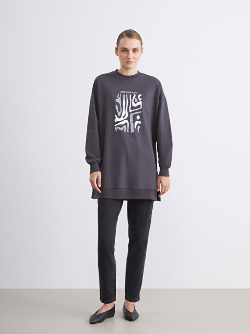 Bisiklet Yaka Bask?l? Kad?n Sweatshirt Tunik