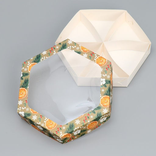 Цена за 5 шт. Коробка складная новогодняя «Хвоя, хлопок, апельсины», 23×23×4 см