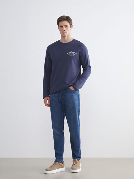 Bisiklet Yaka Uzun Kollu Bask?l? Erkek Ti??rt