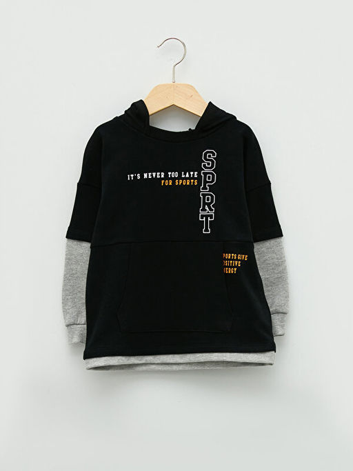 Uzun Kollu Bask?l? Erkek Bebek Hoodie