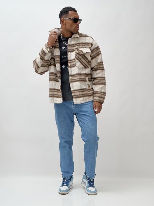 Куртка рубашка шерстяная в клетку мужская демисезонная коричневого цвета 58565K