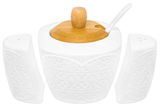 Набор - сахарница 300 мл 16*10*11 см Кружево с ложкой + солонка + перечница на дер. подставке - Elan gallery фото 5