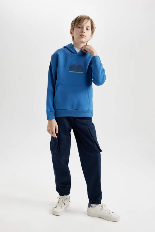 Синяя толстая толстовка с капюшоном и принтом обычного кроя для мальчиков - Defacto фото 2